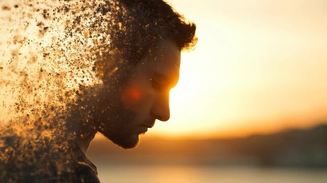 Particle effect showing abstract emotional loss concept. A silhouette dissolves into particles against a sunset backdrop.