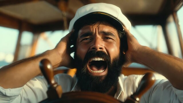 A distressed bearded ship captain wearing a white cap holds his head and screams loudly in panic.