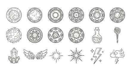 Collection of magical symbols, talismans, and mystical elements for fantasy designs and spiritual concepts