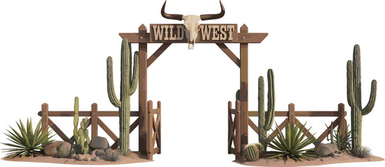 Wild west wooden gate with skull, desert cactus landscape, western entrance arch illustration, frontier ranch scene, american southwest design © Miss