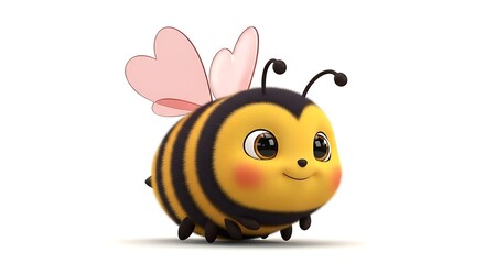 Obraz premium A cute, plump, and friendly cartoon bee with big eyes and pink wings on a white background.