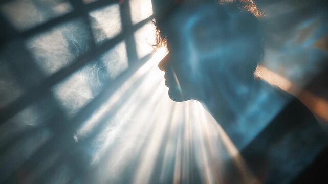 Particle effect showing abstract emotional loss concept. Silhouette of a person amidst light rays and smoke, evoking deep feelings.
