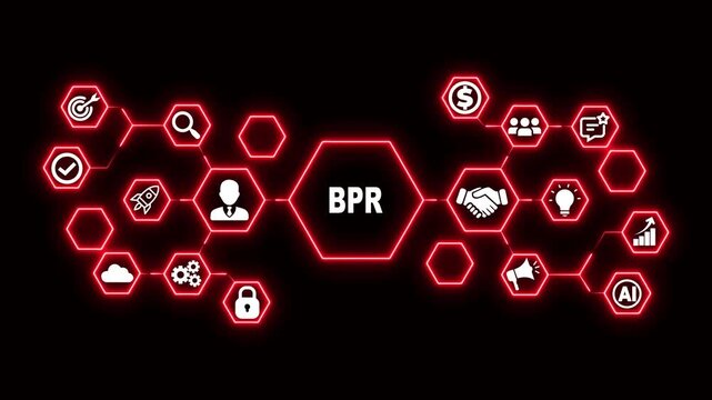 Business Process Reengineering Hexagon Technology Animation with Transformation and Redesign Icons, Futuristic Digital Interface and Enterprise Change Concept