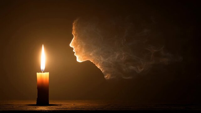 Particle effect showing abstract emotional loss concept. A candle emits light, creating a silhouette resembling a face dissolving into particles.