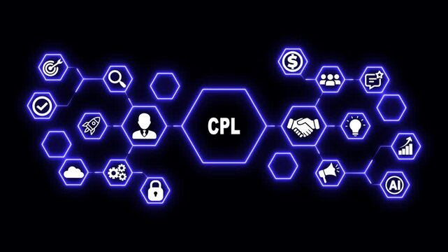 Cost Per Lead Hexagon Technology Animation with Lead Generation and Analytics Icons, Futuristic Digital Interface and Marketing Cost Optimization Concept