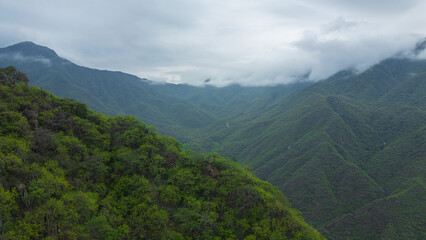 Aerial drone panoramic natural landscapes of Lambayeque, Peru, featuring forests, agricultural fields, and rural scenery near main cities and villages, ideal for tourism, marketing and graphic design