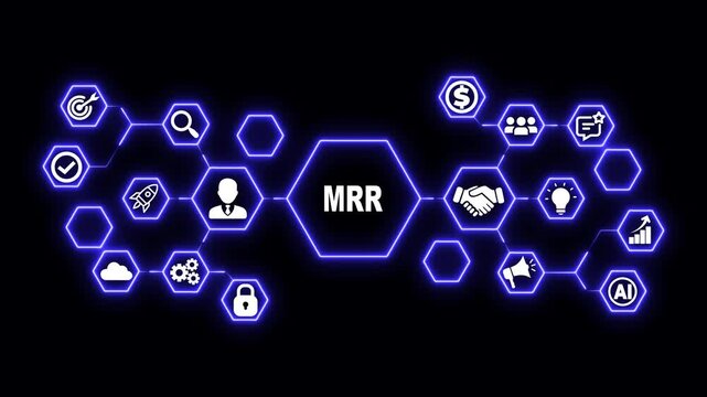 Monthly Recurring Revenue Hexagon Technology Animation with Subscription and Growth Icons, Futuristic Digital Interface and SaaS Revenue Concept