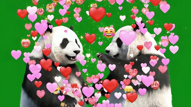 Panda Bears with Hearts and Emoji Animation - This video shows two panda bears against a green screen background, adorned with animated hearts and emojis.