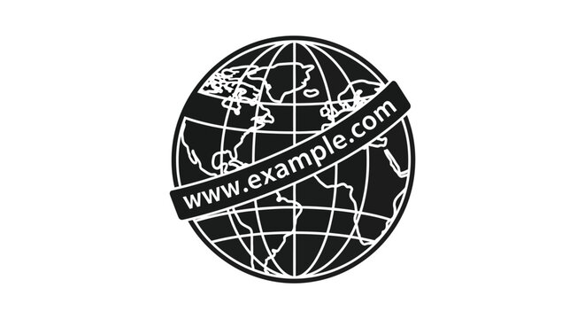 A monochrome illustration depicts a globe with continents and a banner displaying a website address high quality professional