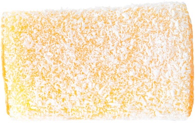 Cut Out of Mochi Roll Cake with Grated Coconut Top View