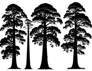 Fototapeta premium A group of four tall trees with dense foliage silhouetted against a white background