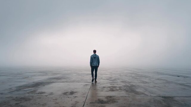 Particle effect showing abstract emotional loss concept. A lone figure stands on a foggy expanse, symbolizing solitude and introspection.