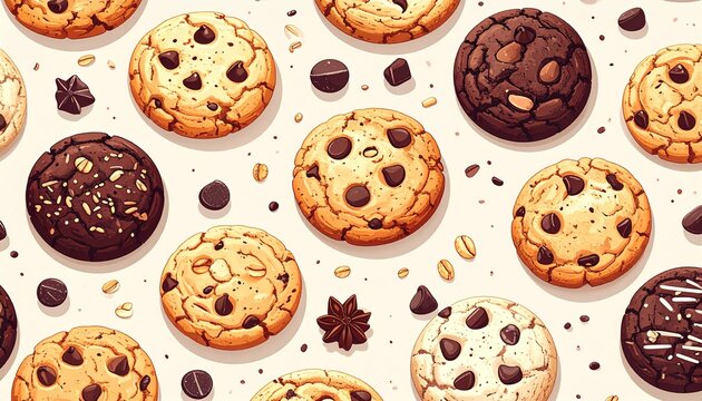 A seamless repeating pattern of assorted cookies, including chocolate chip cookies, butter cookies, and oatmeal cookies.
