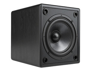 Fototapeta premium Black, textured, square speaker enclosure with prominent central driver