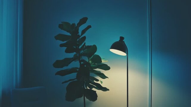 Living room corner featuring a tall fiddle leaf fig plant next to a comfortable armchair and a floor lamp illuminating the wall with warm light, creating a peaceful night ambiance