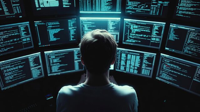 A person sits in a dark room surrounded by multiple computer screens displaying lines of code and data, immersed in digital work.