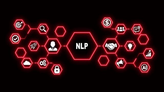Natural Language Processing Hexagon Technology Animation with Text Analysis and AI Language Icons, Futuristic Digital Interface and Smart Communication Concept
