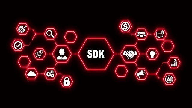 Software Development Kit Hexagon Technology Animation with Developer Tools and Code Icons, Futuristic Digital Interface and Application Development Concept