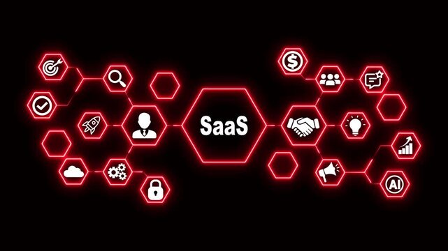 Software as a Service Hexagon Technology Animation with Cloud Application and Subscription Icons, Futuristic Digital Interface and SaaS Platform Concept