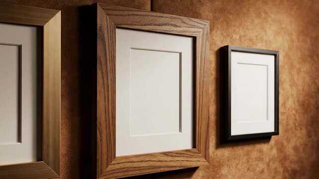 Subtle cinematic movement of three distinct picture frames slightly shifting perspective against a warm brown background acting as a digital overlay template gallery, loop, art