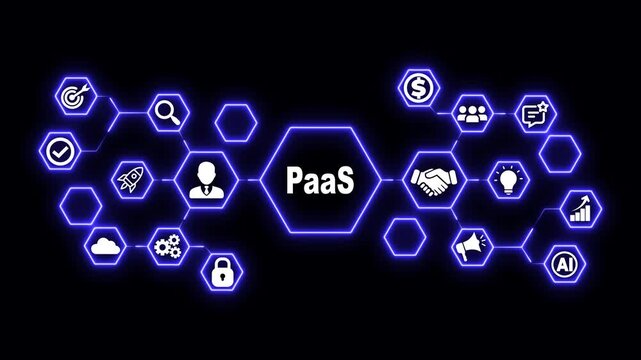 Platform as a Service Hexagon Technology Animation with Cloud Development and Infrastructure Icons, Futuristic Digital Interface and PaaS Architecture Concept
