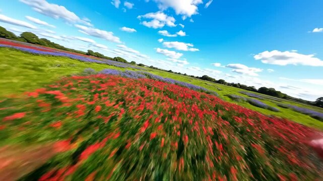 Sweeping aerial drone shot gliding over an expansive green pasture covered in patches of red and blue blooming flowers under a bright sky peaceful, tranquility, environment