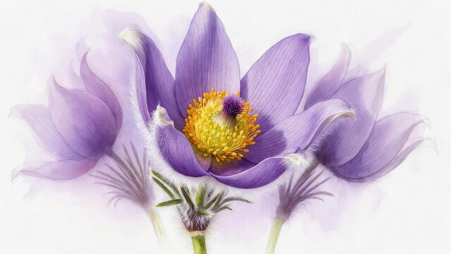 Three delicate purple pasque flowers with vibrant yellow centers are beautifully captured against a soft white background.