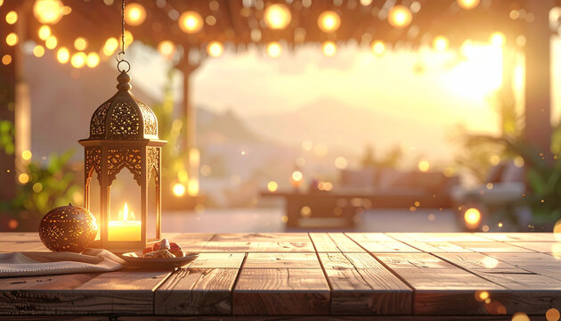 Empty Festive Table with Warm Light for Eid Background.