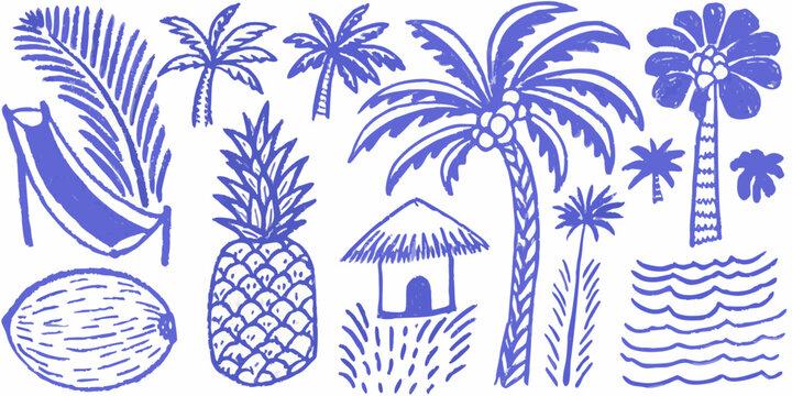 Blue tropical elements palm trees pineapples hammock and ocean waves illustration