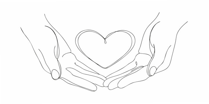 A delicate line drawing of hands gently cradling a heart shape