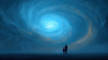 Fototapeta premium Silhouette of adult and child watching glowing spiral galaxy sky surreal cosmic fantasy dream inspiration scene at night on white background