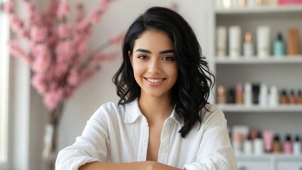 Fototapeta premium A confident young woman with dark wavy hair smiles genuinely at the camera in a professional setting.