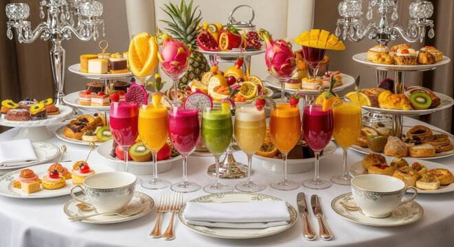Elaborate afternoon tea service features colorful fresh fruit beverages and tiered assortments of pastries