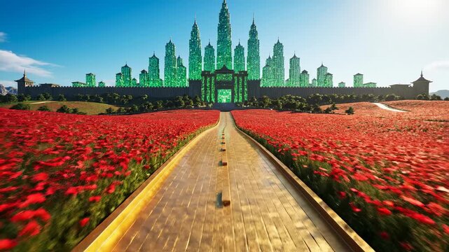 Sweeping aerial drone shot above a vast crimson flower field following a winding golden brick road leading to a towering distant emerald metropolis vivid, golden, sweeping