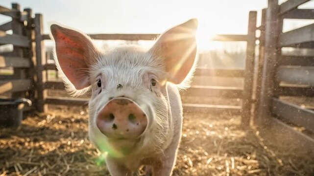 Farm pig standing in barnyard looking up