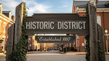 A wooden sign with the words 'HISTORIC DISTRICT' and 'ESTABLISHED 1887' on it, standing in front of a brick building with ivy growing on the posts.