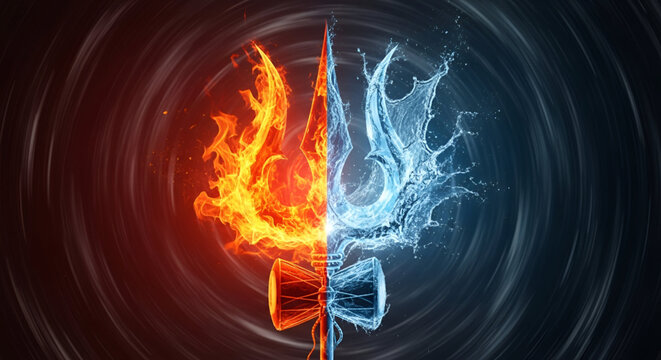 Divine trishul with fire and water energy balance symbol representing Shiva power spirituality devotion cosmic harmony and Maha Shivratri celebration
