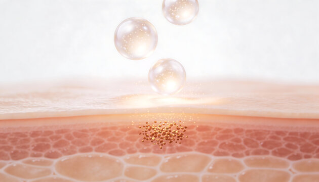 Skin cross section showing localized active ingredient microbead cluster with spheres above targeted penetration delivery dermatology skincare 3d concept