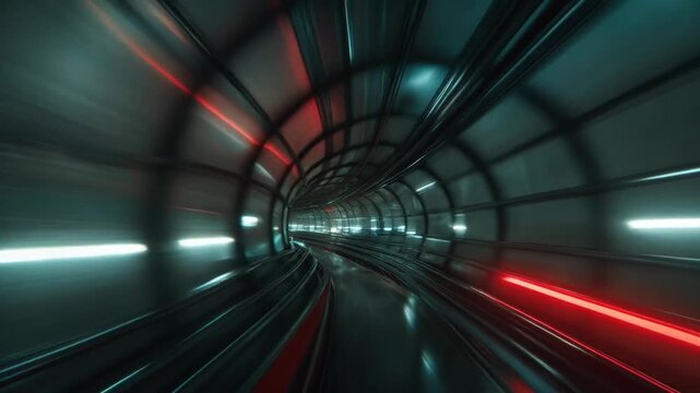 Close-up of camera lens aperture shift concept. A dynamic tunnel with vibrant blue and red lighting creates a sense of speed and motion.