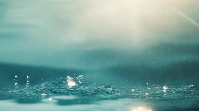 Water surface creating ripples and abstract shapes with illuminated bokeh lights and bright sunlight reflections, conveying a sense of serenity and fluidity