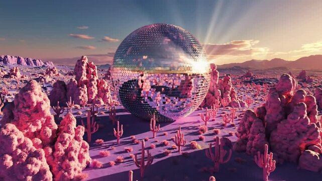 Sweeping drone aerial wide shot over an expansive, bizarre desert landscape filled with uniquely formed pink cacti surrounding a massive reflective disco sphere cacti, color, view