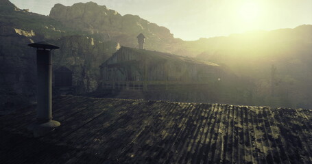 Naklejka premium sunlit rooftop overlooking misty mountain ruins, weathered clay tiles and solitary stone column bathed in golden haze, quiet dawn atmosphere with long shadows,