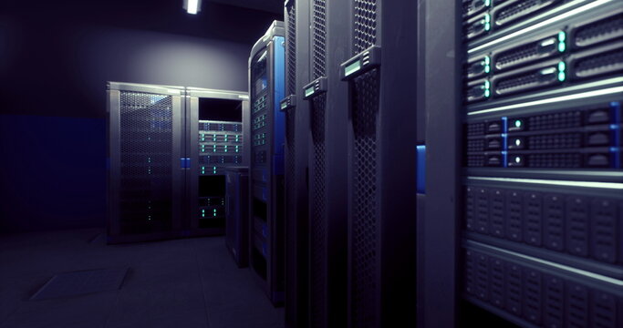 dark server room with illuminated racks, cool blue LED lighting, dense cabling and fiber trunks, active rack status lights, climatecontrolled enclosure