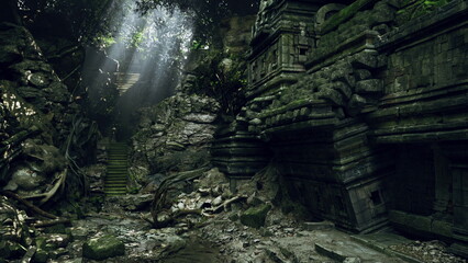 Naklejka premium Overgrown ancient stone temple ruins bathed in soft sunbeams filtering through dense canopy, mosscovered carvings and collapsed corridors scattered with broken