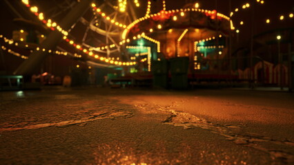 rainslick ground near carousel entrance, textured puddles catching warm bulbs, blurred ride forms and glowing marquee, empty pathways and nostalgic latenight © icetray