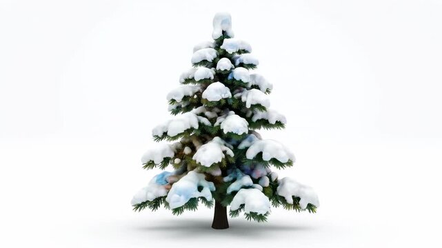 Stylized three-dimensional watercolor rendered pine tree model completely covered in snow slowly rotating in place against a pure white background for easy compositing animation, easy, rendered