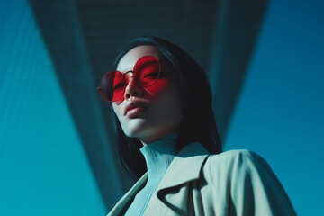 Futuristic fashion portrait woman red sunglasses urban bridge futuristic fashion portrait woman with red sunglasses urban