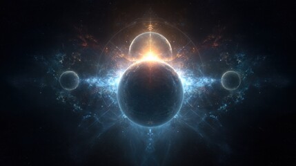 Obraz premium Futuristic cosmic planets alignment with glowing energy light space fantasy science fiction universe background digital art on white background