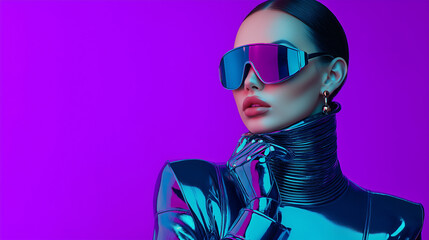 Futuristic woman fashion, cyberpunk style, neon color, reflective outfit, visor glasses, glossy makeup portrait
