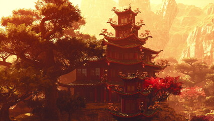 Naklejka premium ornate temple pavilion among autumn foliage, carved eaves and tiered roofs glowing in warm light, lanterns hinting at ritual history, textured timber columns